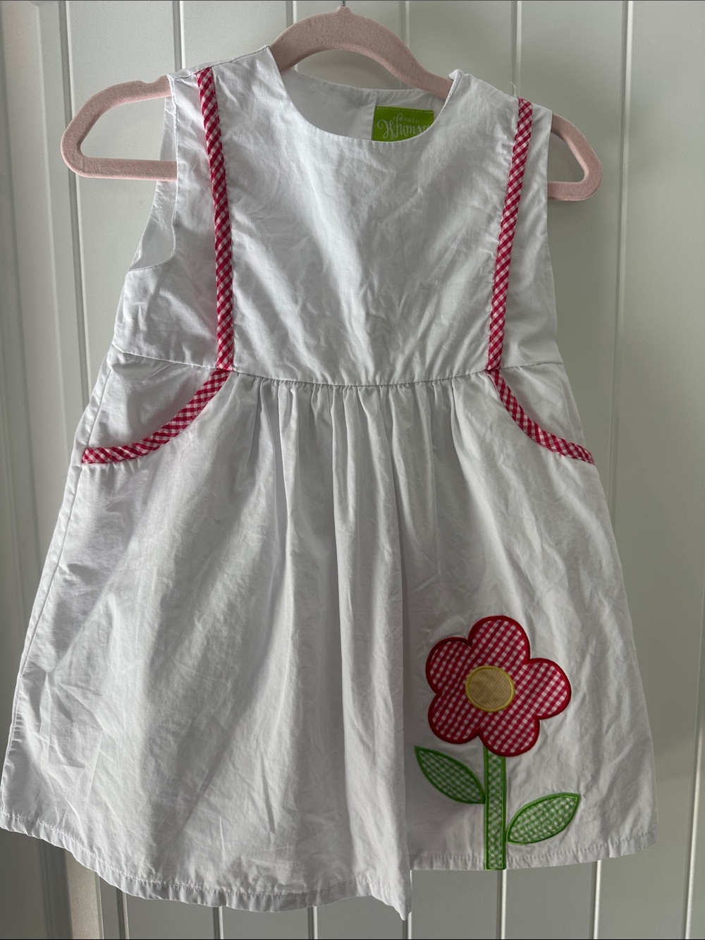 Floral Appliqué Dress - White with red gingham Trim, worn once!